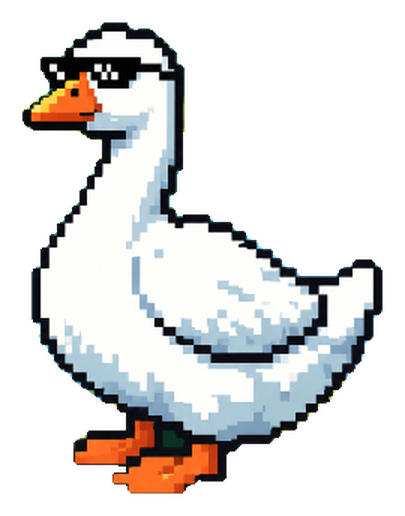Pond Boss, a white pixel goose wearing black sunglasses