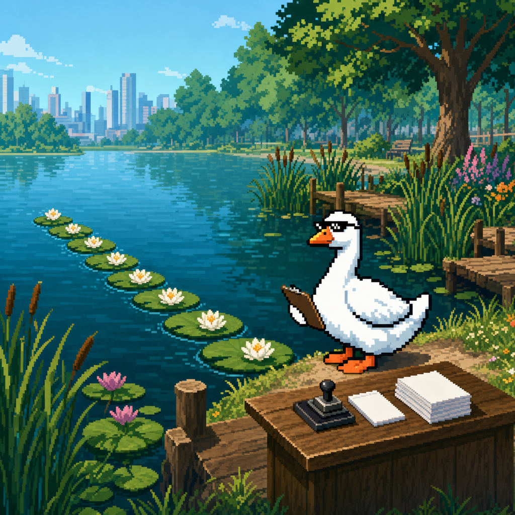 Pond Boss holding a clipboard beside a row of lily pads and an inspection desk